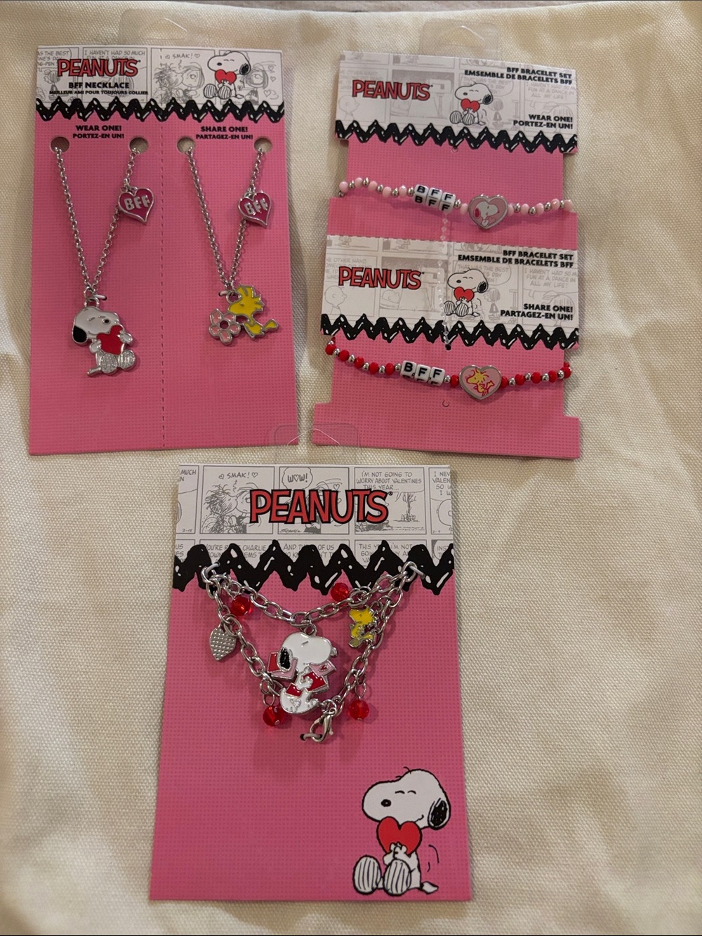 Peanuts Kids Jewelry Set – Pink, Red, White Snoopy & Woodstock Charms